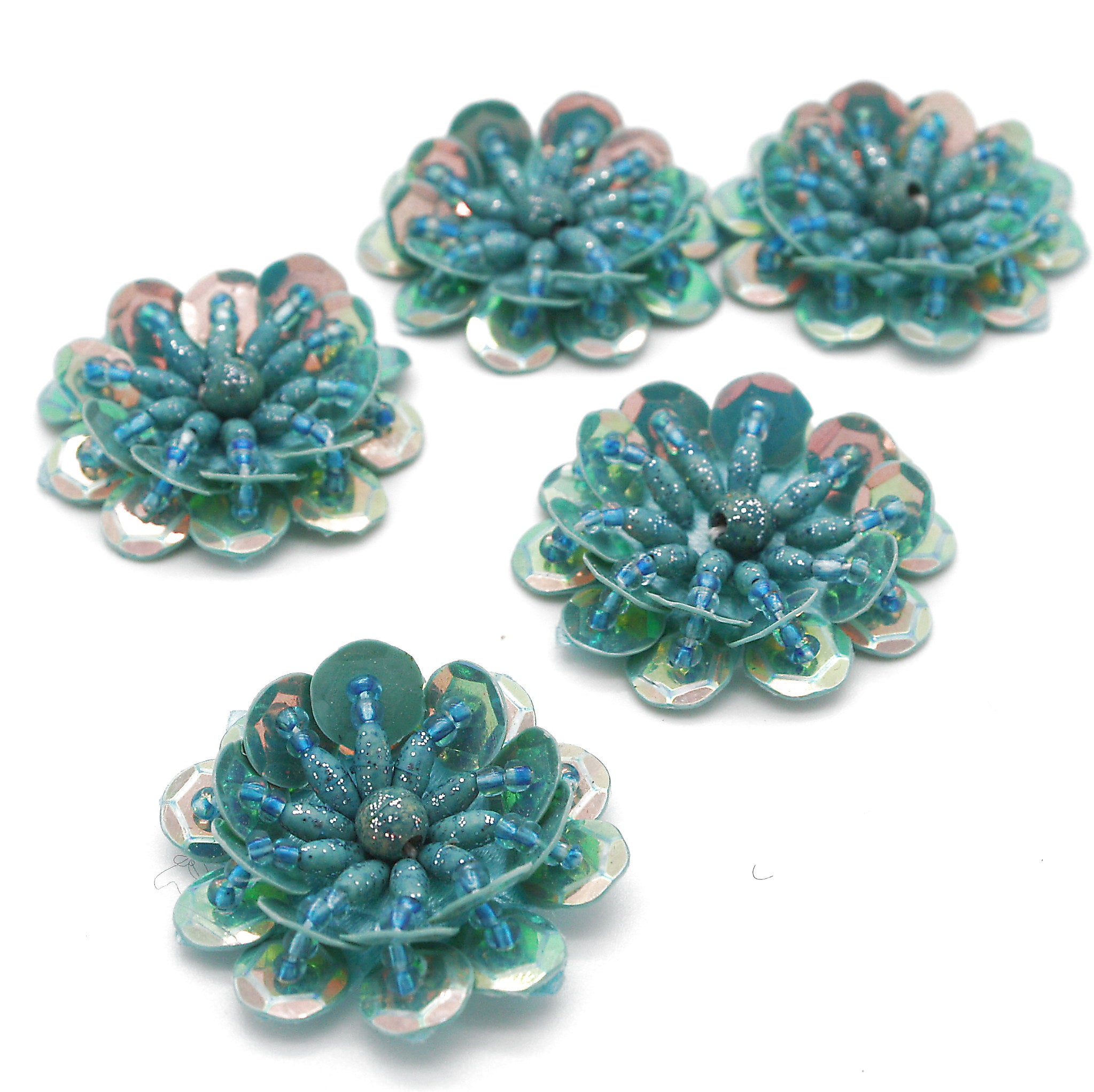 TURQUOISE GREEN SEQUIN FLOWER  MOTIFS - Pack of 5 - sarahi.NYC