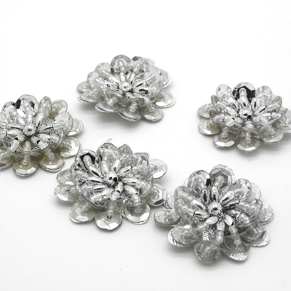 SILVER IRIDESCENT SEQUIN FLOWER  MOTIFS - Pack of 5 - sarahi.NYC