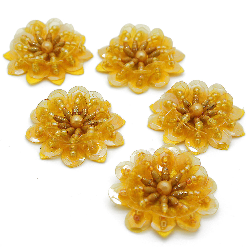 MUSTARD YELLOW SEQUIN FLOWER  MOTIFS - Pack of 5 - sarahi.NYC