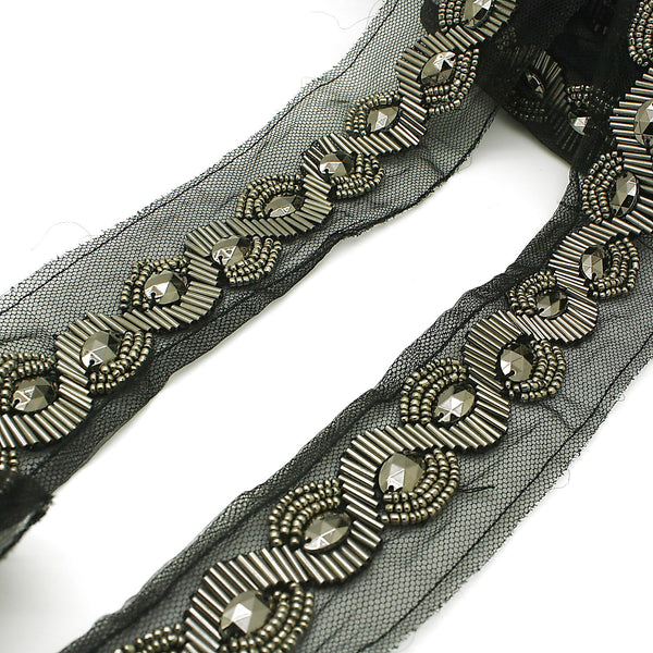 GUNMETAL GRAY BLACK NET RHINESTONE TRIM - sarahi.NYC