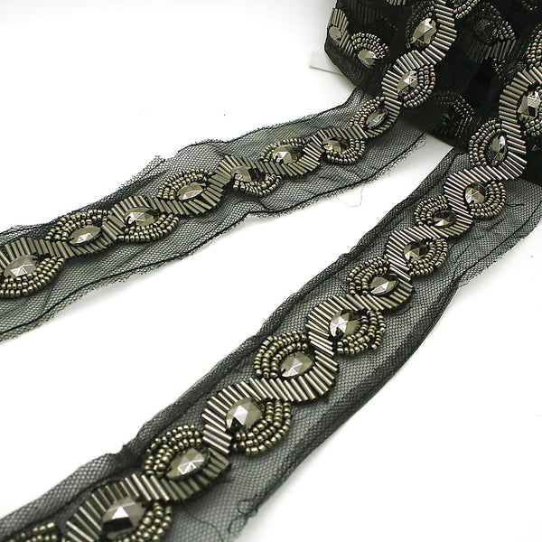 GUNMETAL GRAY BLACK NET RHINESTONE TRIM - sarahi.NYC