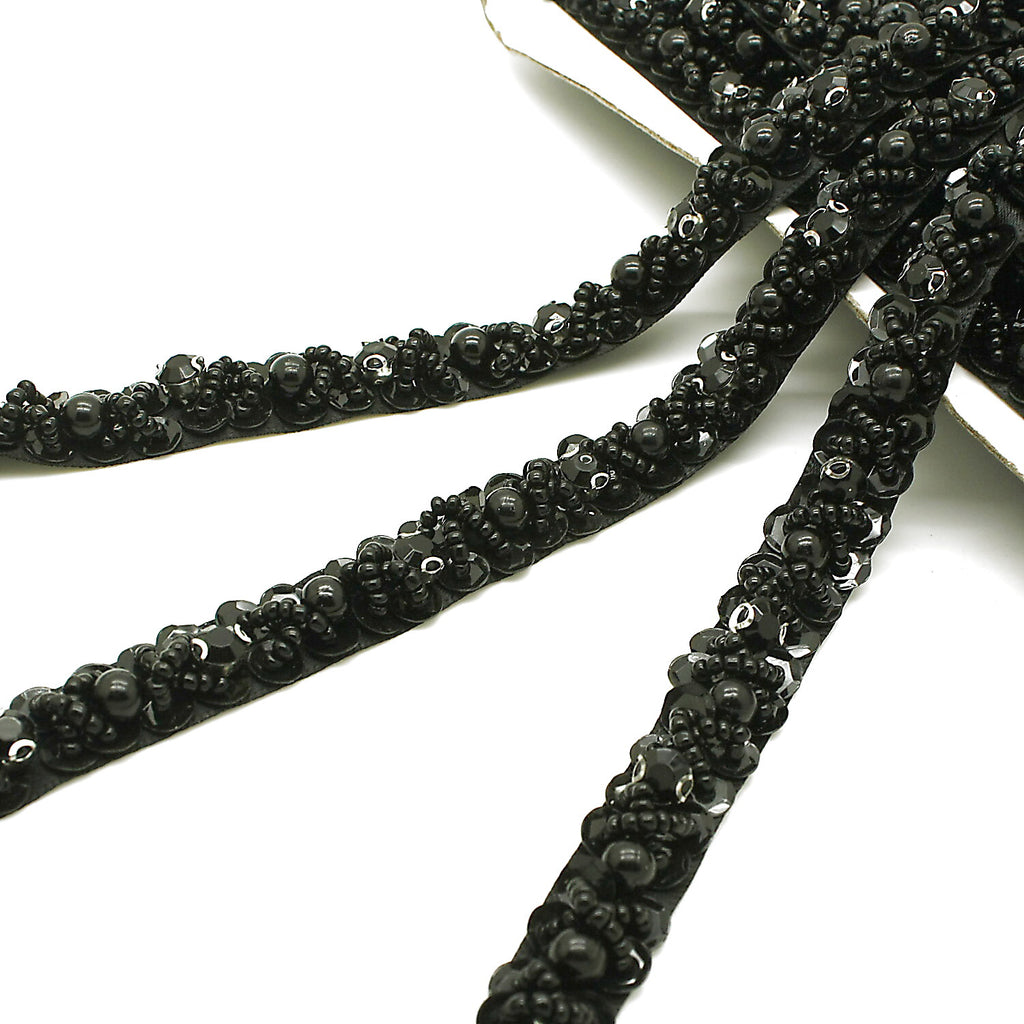 BLACK FLOWER BEADED RIBBON TRIM - sarahi.NYC