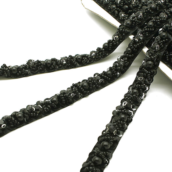 BLACK FLOWER BEADED RIBBON TRIM - sarahi.NYC