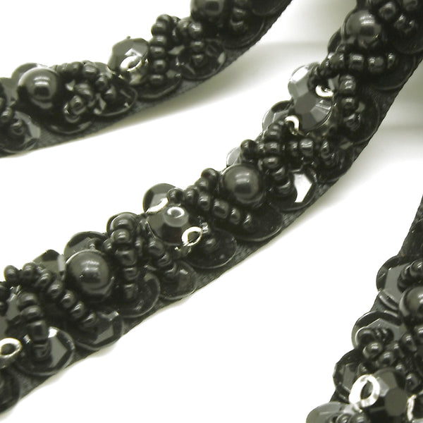 BLACK FLOWER BEADED RIBBON TRIM - sarahi.NYC