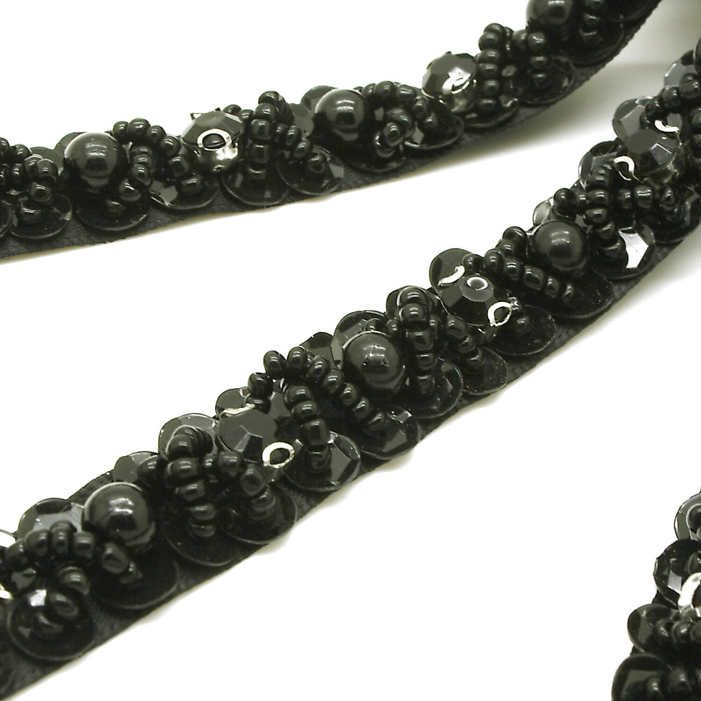 BLACK FLOWER BEADED RIBBON TRIM - sarahi.NYC