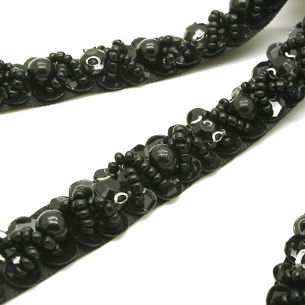 BLACK FLOWER BEADED RIBBON TRIM - sarahi.NYC