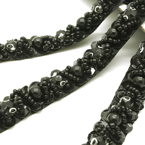 BLACK FLOWER BEADED RIBBON TRIM - sarahi.NYC