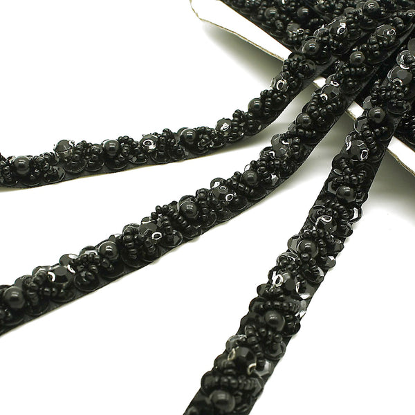BLACK FLOWER BEADED RIBBON TRIM - sarahi.NYC
