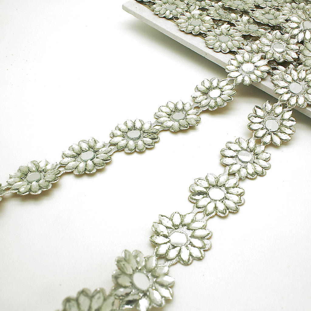 SILVER FLOWER MIRROR RHINESTONE TRIM - sarahi.NYC