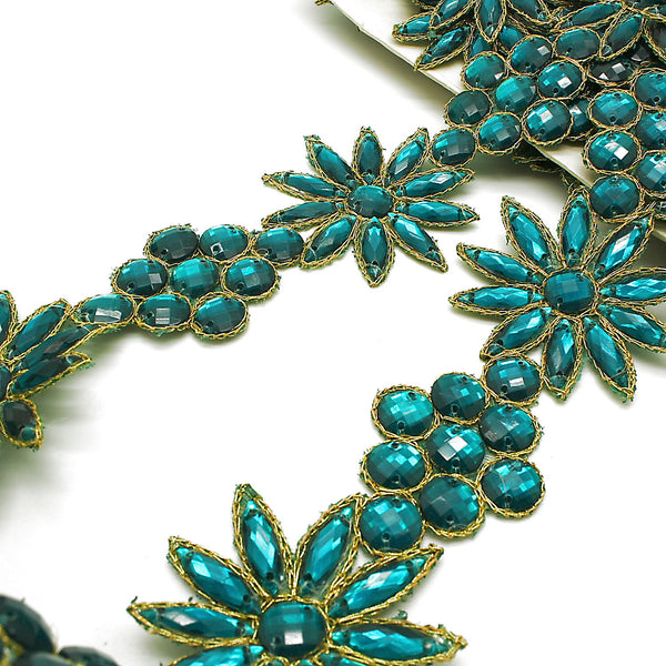 TEAL GREEN RHINESTONE FLOWER TRIM - sarahi.NYC