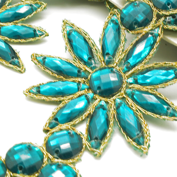 TEAL GREEN RHINESTONE FLOWER TRIM - sarahi.NYC