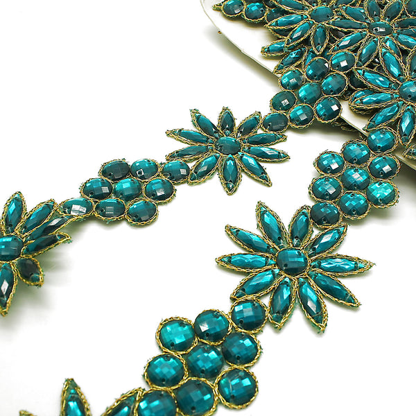 TEAL GREEN RHINESTONE FLOWER TRIM - sarahi.NYC