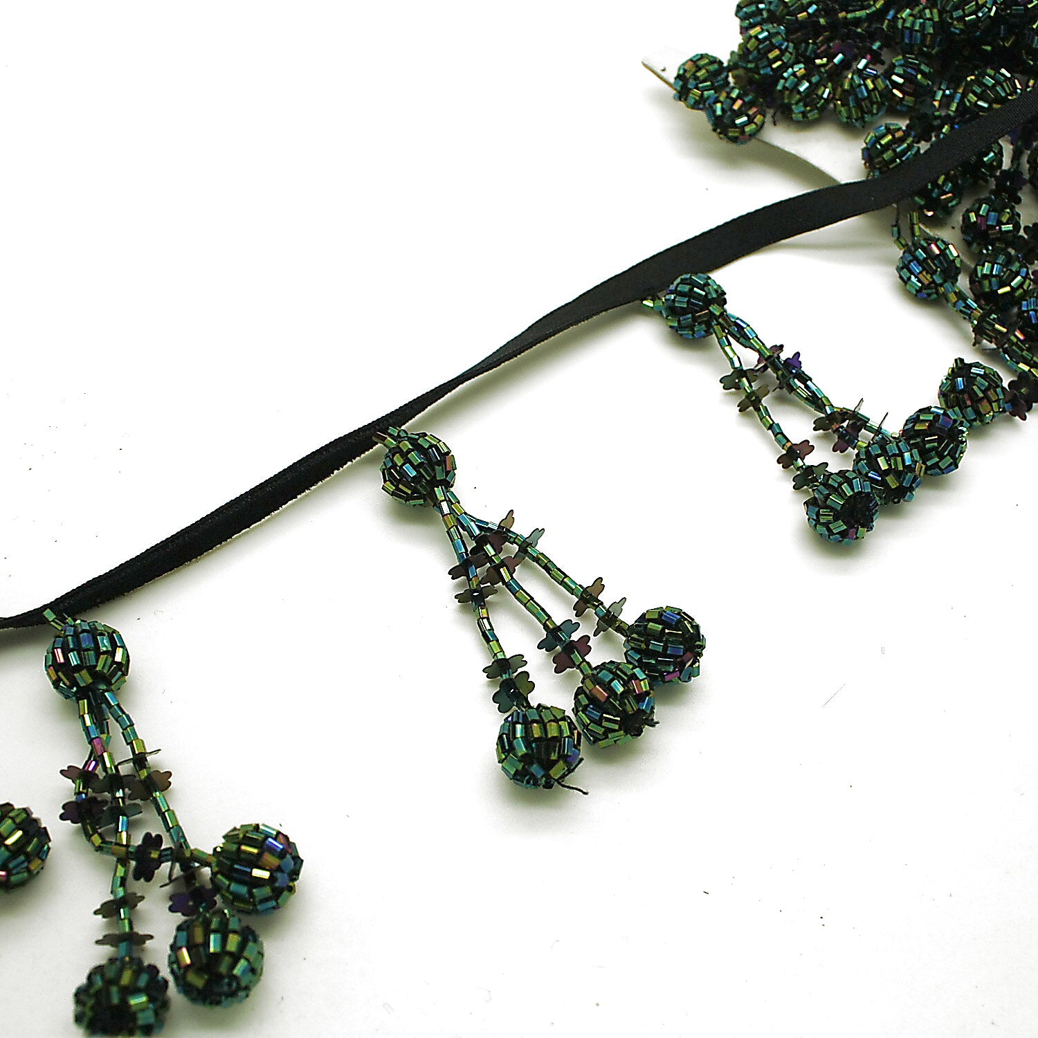 DARK GREEN BEADED FRINGE TRIM - sarahi.NYC