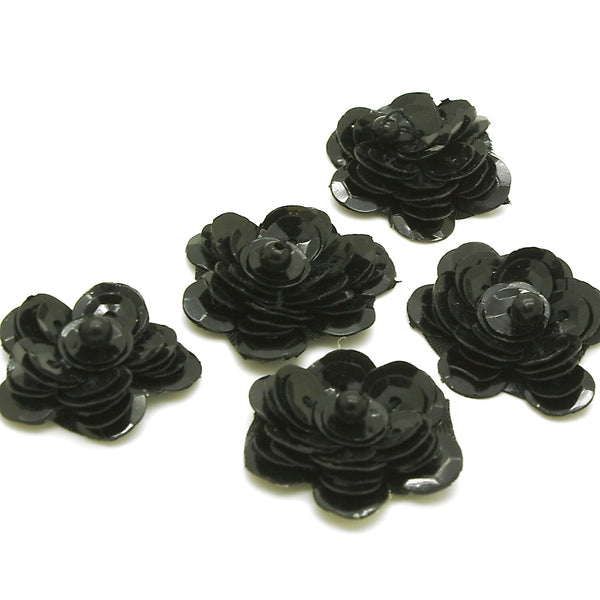 BLACK SEQUIN FLOWER  MOTIFS - Pack of 5 - sarahi.NYC