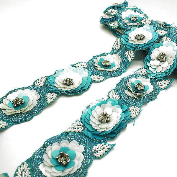 BLUE WHITE SEQUIN FLOWER TRIM - sarahi.NYC