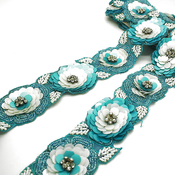 BLUE WHITE SEQUIN FLOWER TRIM - sarahi.NYC