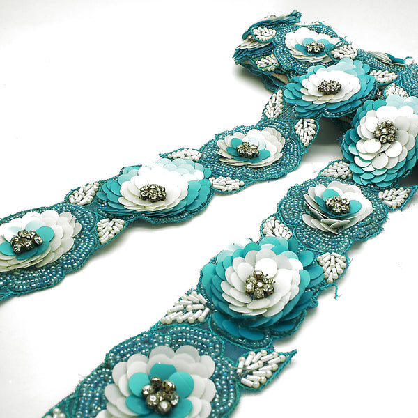 BLUE WHITE SEQUIN FLOWER TRIM - sarahi.NYC