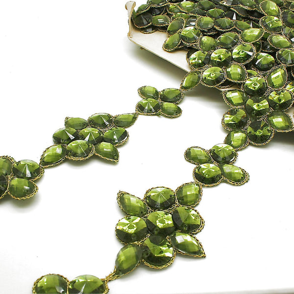 OLIVE GREEN RHINESTONE FLORAL TRIM