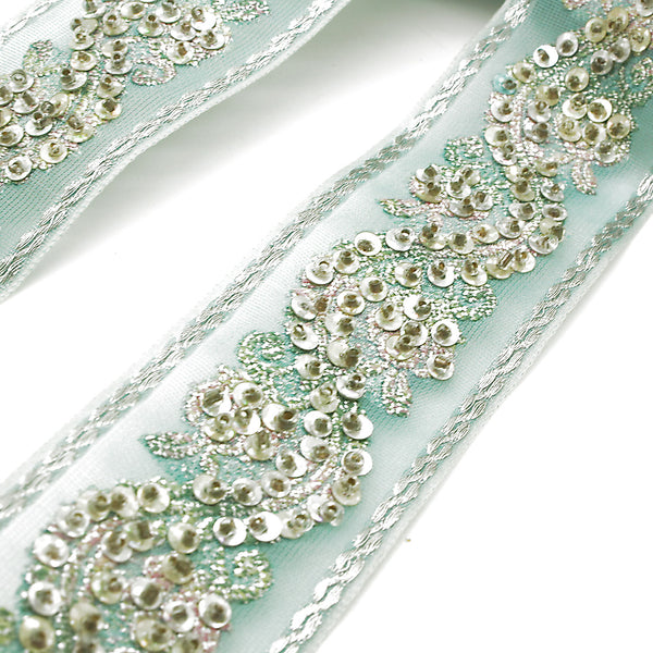 BLUE SEQUIN FLORAL RIBBON TRIM