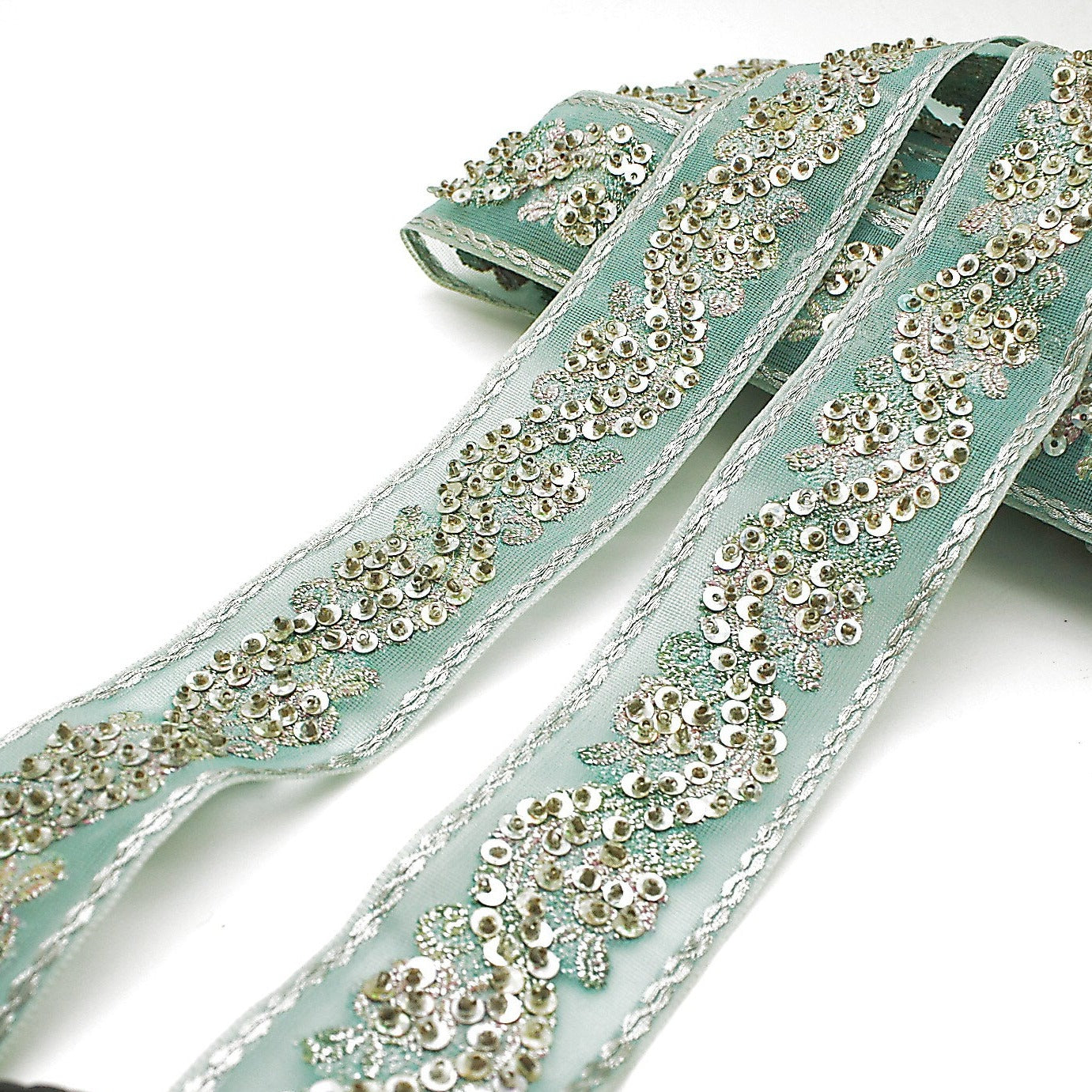 BLUE SEQUIN FLORAL RIBBON TRIM