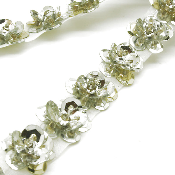 SILVER IRIDESCENT SEQUIN FLORAL TRIM