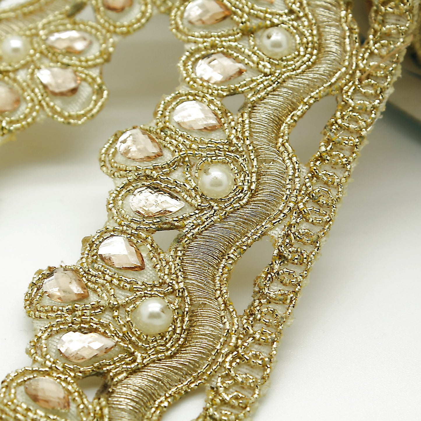 GOLD FLORAL FABRIC RHINESTONE TRIM - sarahi.NYC