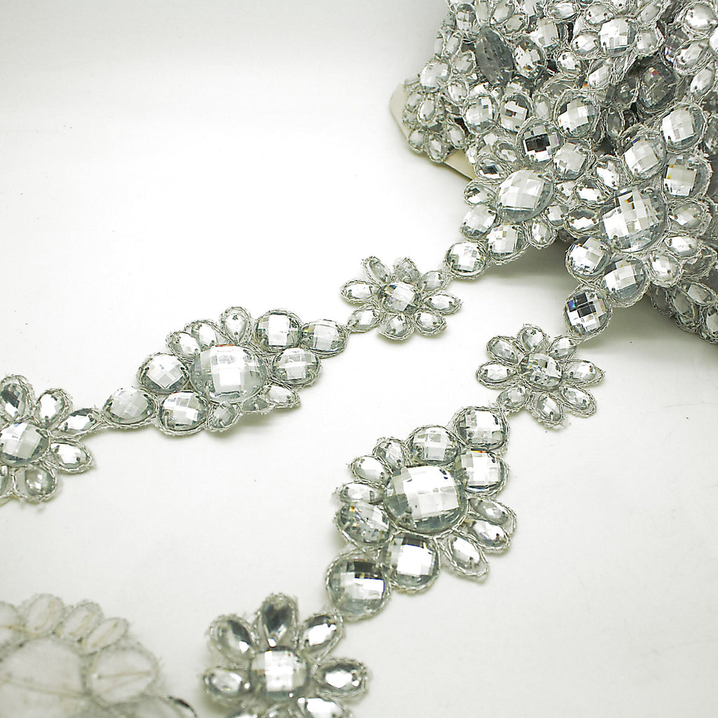SILVER RHINSTONE FLORAL TRIM