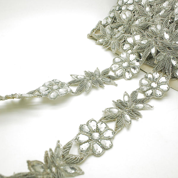 SILVER RHINSTONE FLORAL TRIM