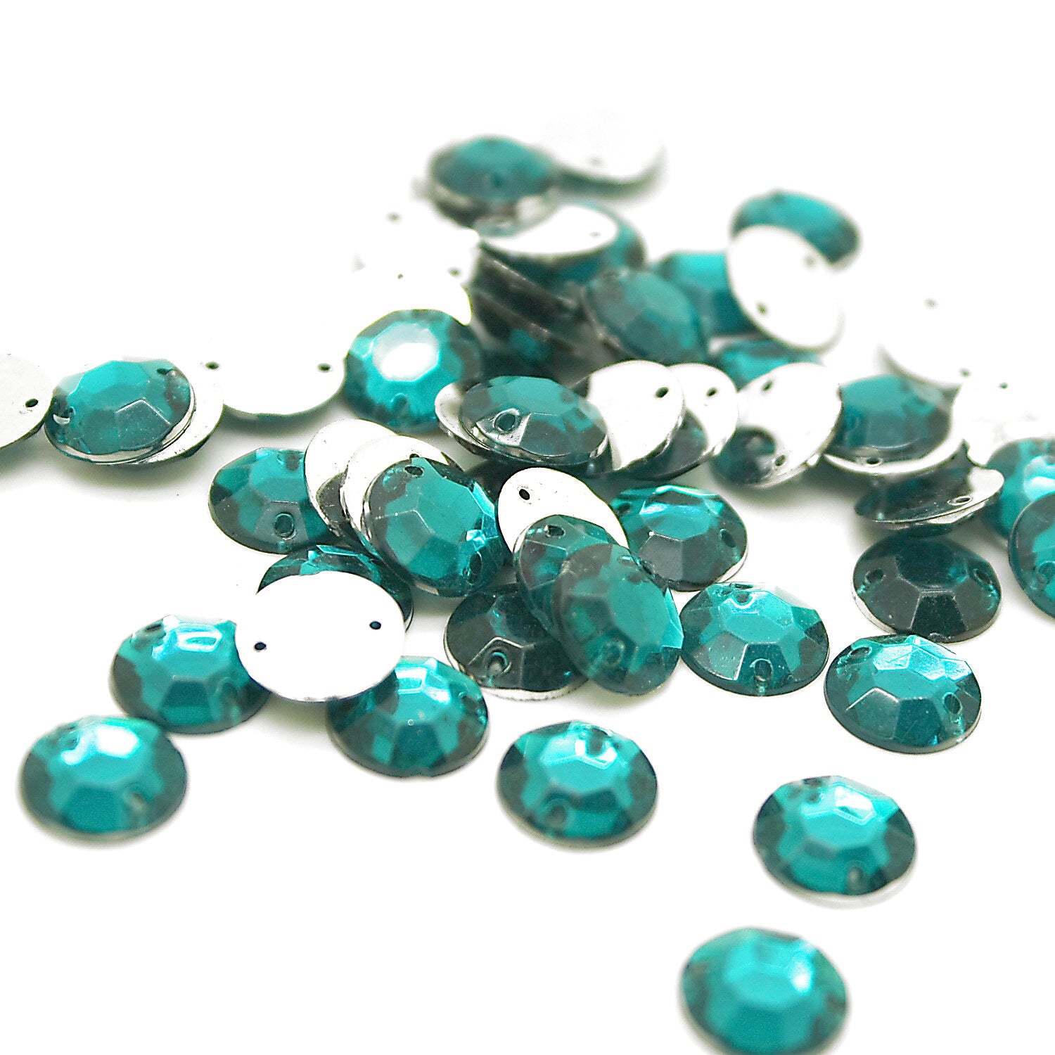 PACK OF 50 - ROUND 10mm TEAL FLAT RHINESTONES - sarahi.NYC