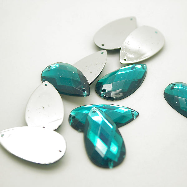 PACK OF 10 - TEARDROP 30 mm FLAT BACK TEAL RHINESTONE GEMS - sarahi.NYC