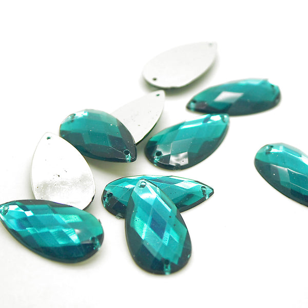 PACK OF 10 - TEARDROP 30 mm FLAT BACK TEAL RHINESTONE GEMS - sarahi.NYC