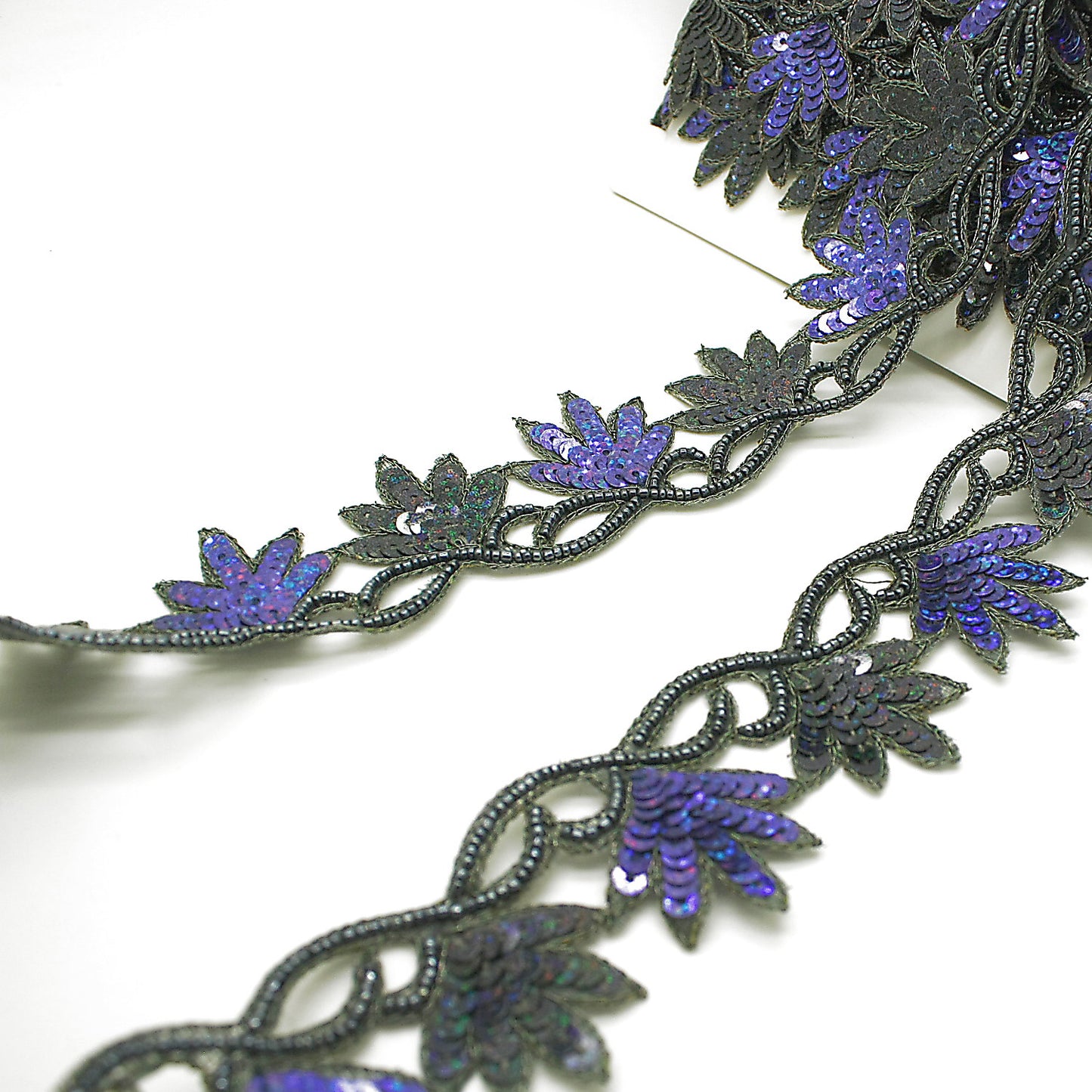 BLACK BLUE FLORAL EDGING SEQUIN BEADED TRIM - sarahi.NYC