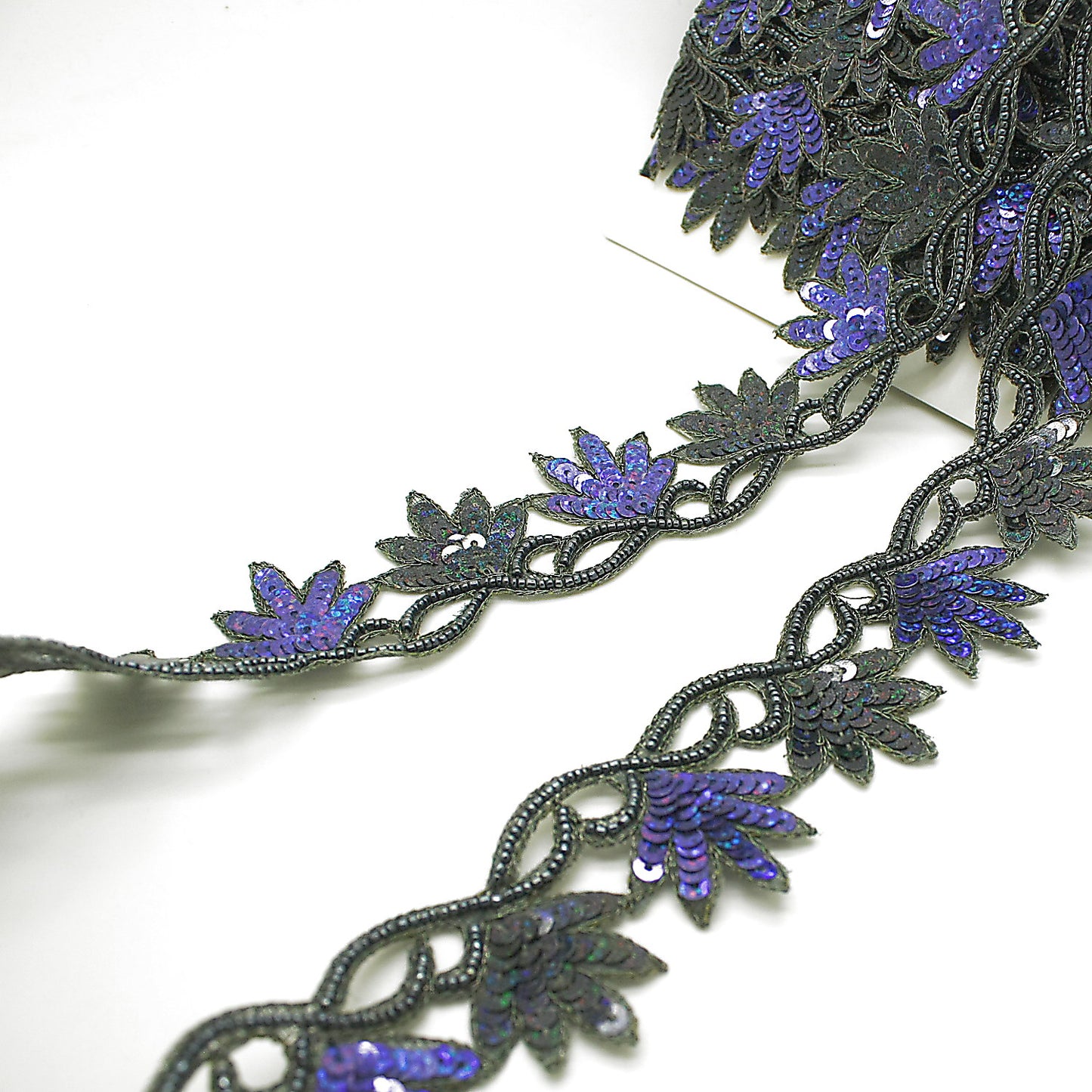 BLACK BLUE FLORAL EDGING SEQUIN BEADED TRIM - sarahi.NYC