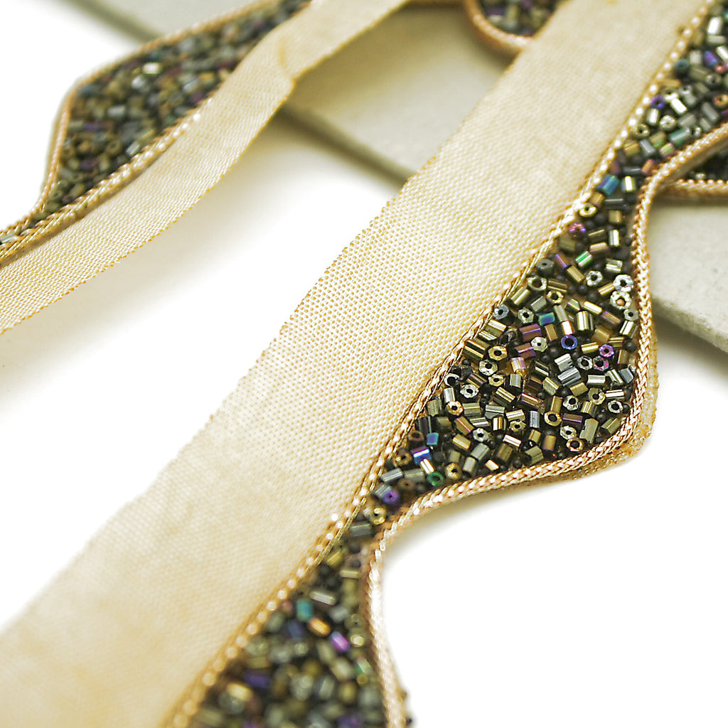 BLACK GOLD WAVE EDGING BUGLE BEADED FABRIC TRIM - sarahi.NYC
