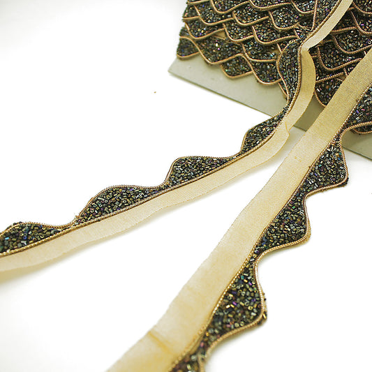 BLACK GOLD WAVE EDGING BUGLE BEADED FABRIC TRIM - sarahi.NYC