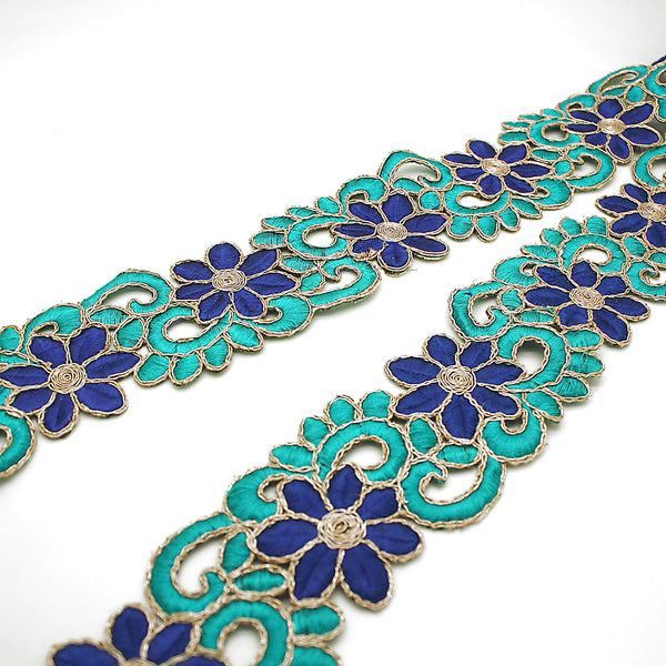 TURQUOISE BLUE EMBROIDERED LACE TRIM - sarahi.NYC