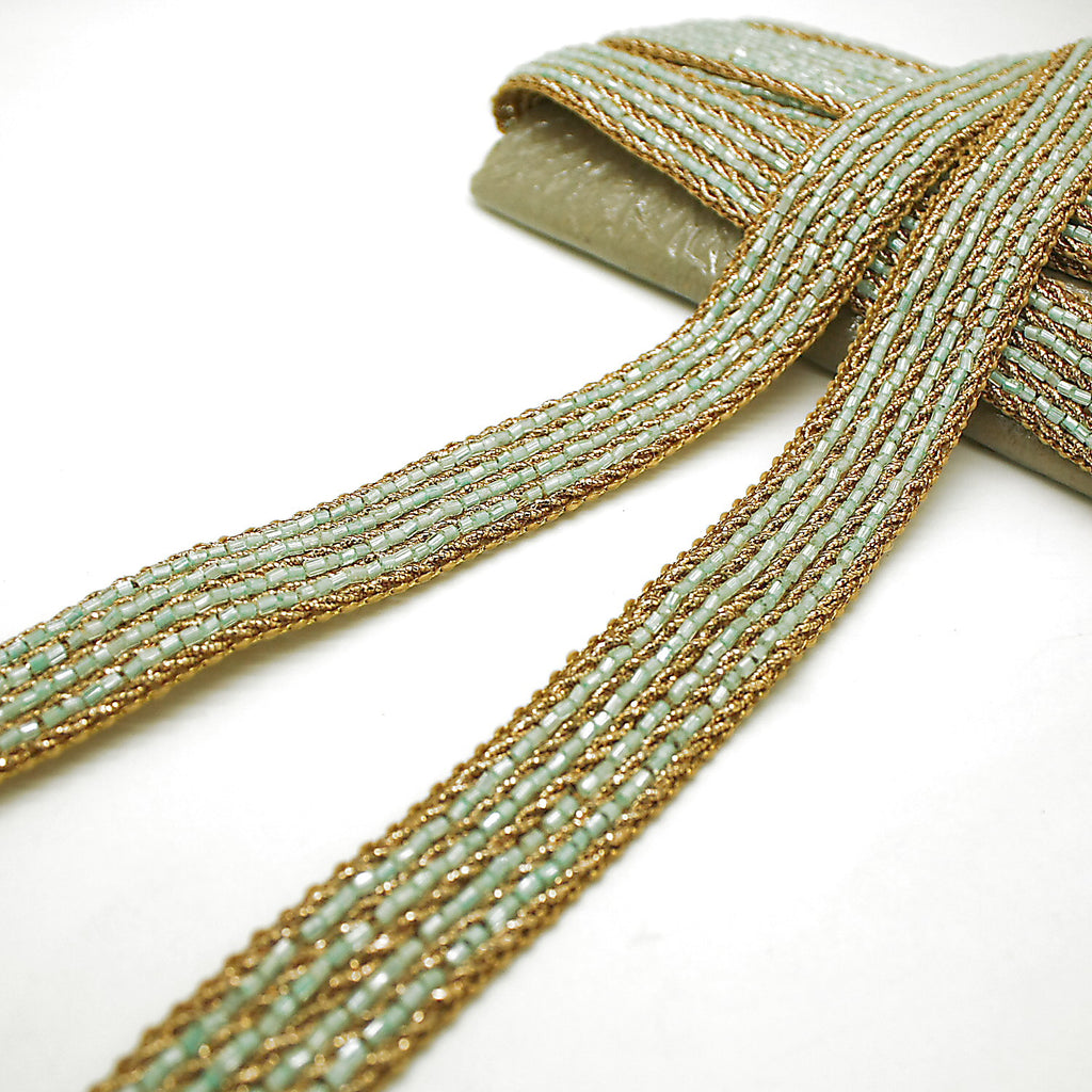 LIGHT BLUE GOLD BUGLE BEAD TRIM - sarahi.NYC