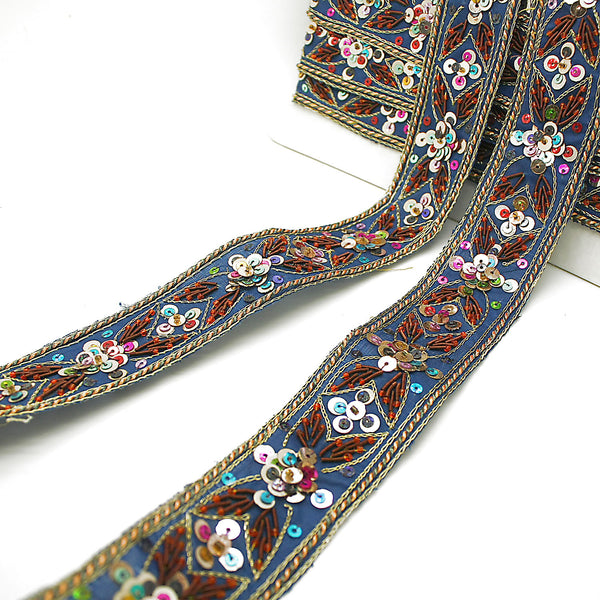 BLUE ETHNIC EMBROIDERED SEQUIN TRIM - sarahi.NYC