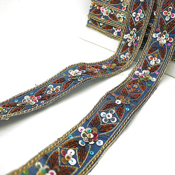 BLUE ETHNIC EMBROIDERED SEQUIN TRIM - sarahi.NYC