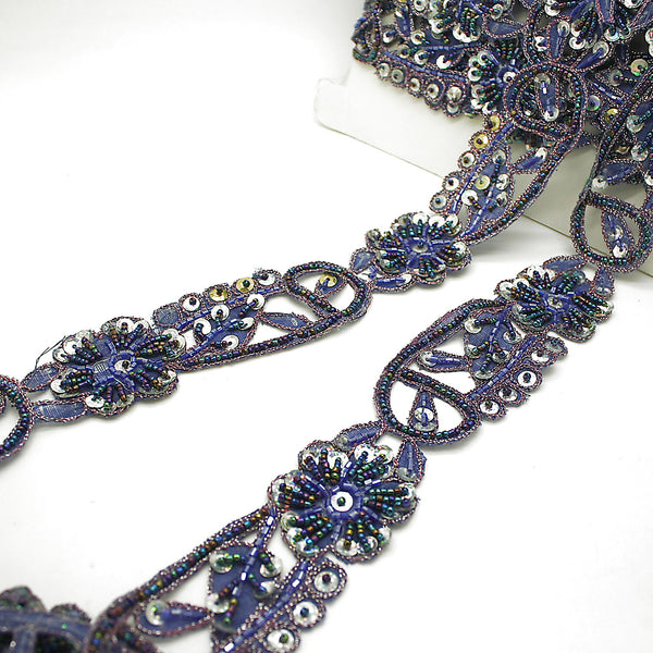 BLUE SILVER FLORAL BEADED SEQUIN TRIM - sarahi.NYC