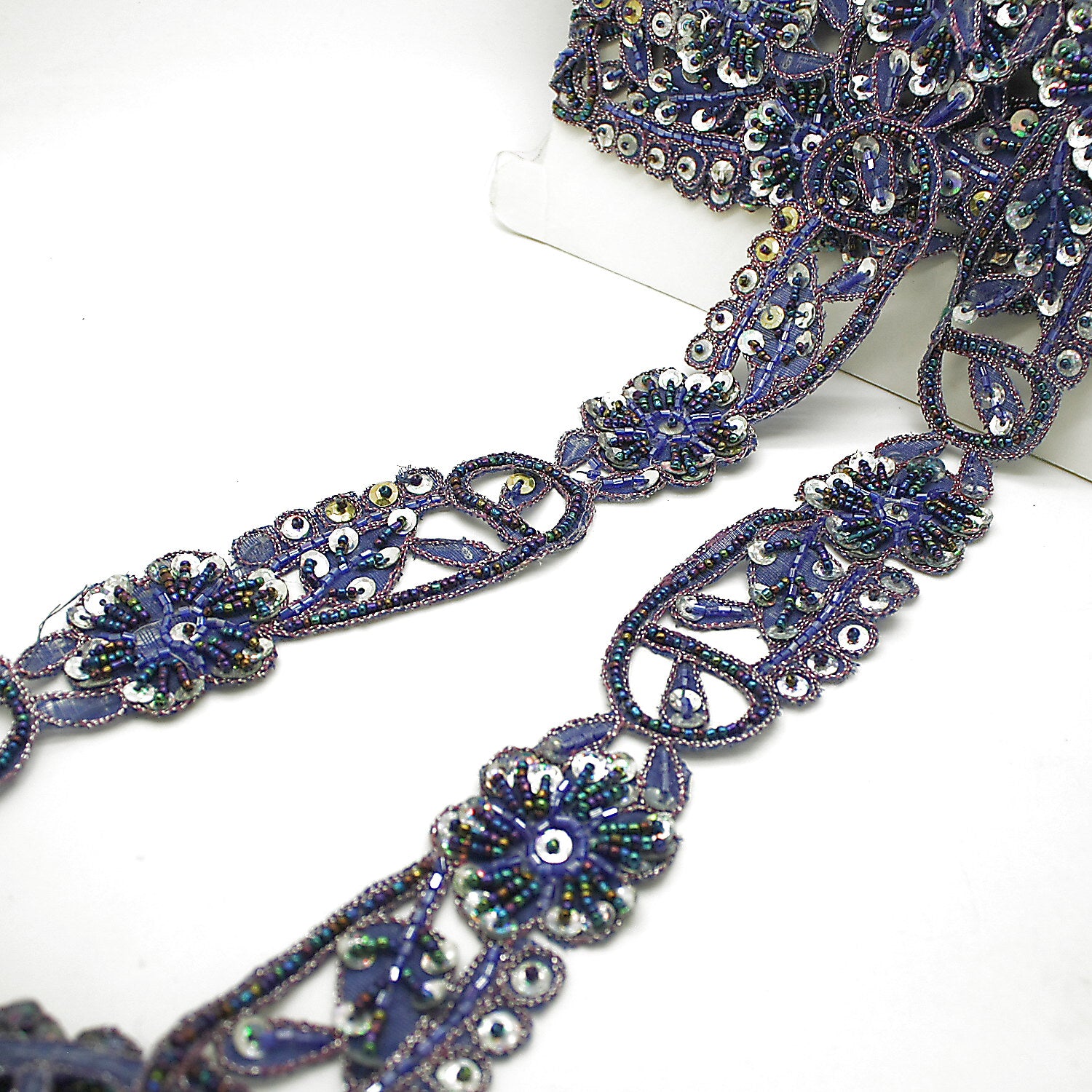 BLUE SILVER FLORAL BEADED SEQUIN TRIM - sarahi.NYC