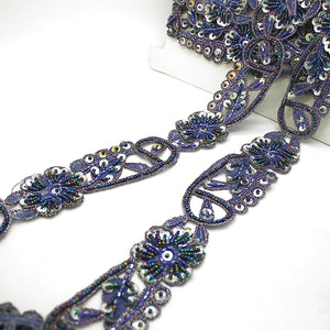 BLUE SILVER FLORAL BEADED SEQUIN TRIM - sarahi.NYC