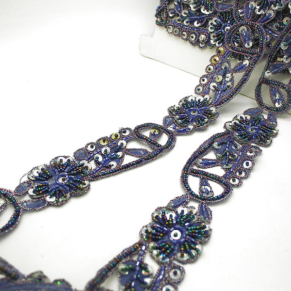 BLUE SILVER FLORAL BEADED SEQUIN TRIM - sarahi.NYC