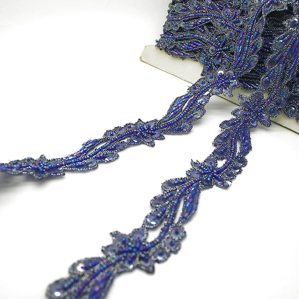 BLUE FLORAL SEQUIN BEADED TRIM - sarahi.NYC