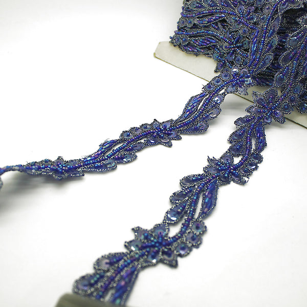 BLUE FLORAL SEQUIN BEADED TRIM - sarahi.NYC