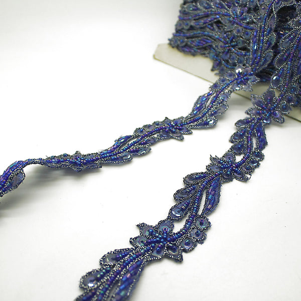 BLUE FLORAL SEQUIN BEADED TRIM - sarahi.NYC
