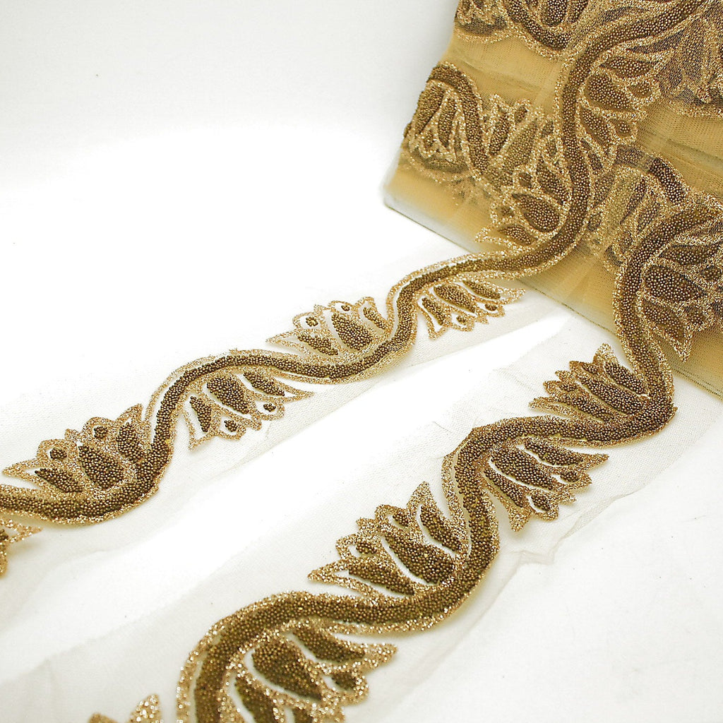 GOLD FLORAL BEADED NET TRIM - sarahi.NYC