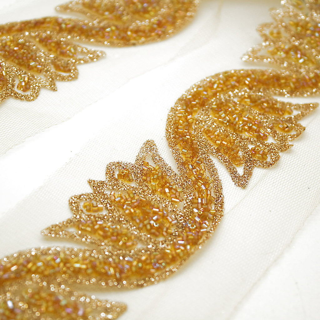 GOLD FLORAL BUGLE BEADED NET TRIM - sarahi.NYC