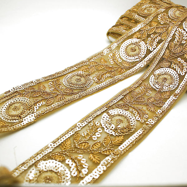 GOLD SEQUIN FLORAL RIBBON FABRIC TRIM - sarahi.NYC