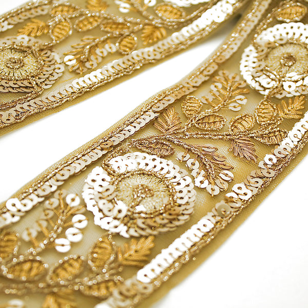 GOLD SEQUIN FLORAL RIBBON FABRIC TRIM - sarahi.NYC